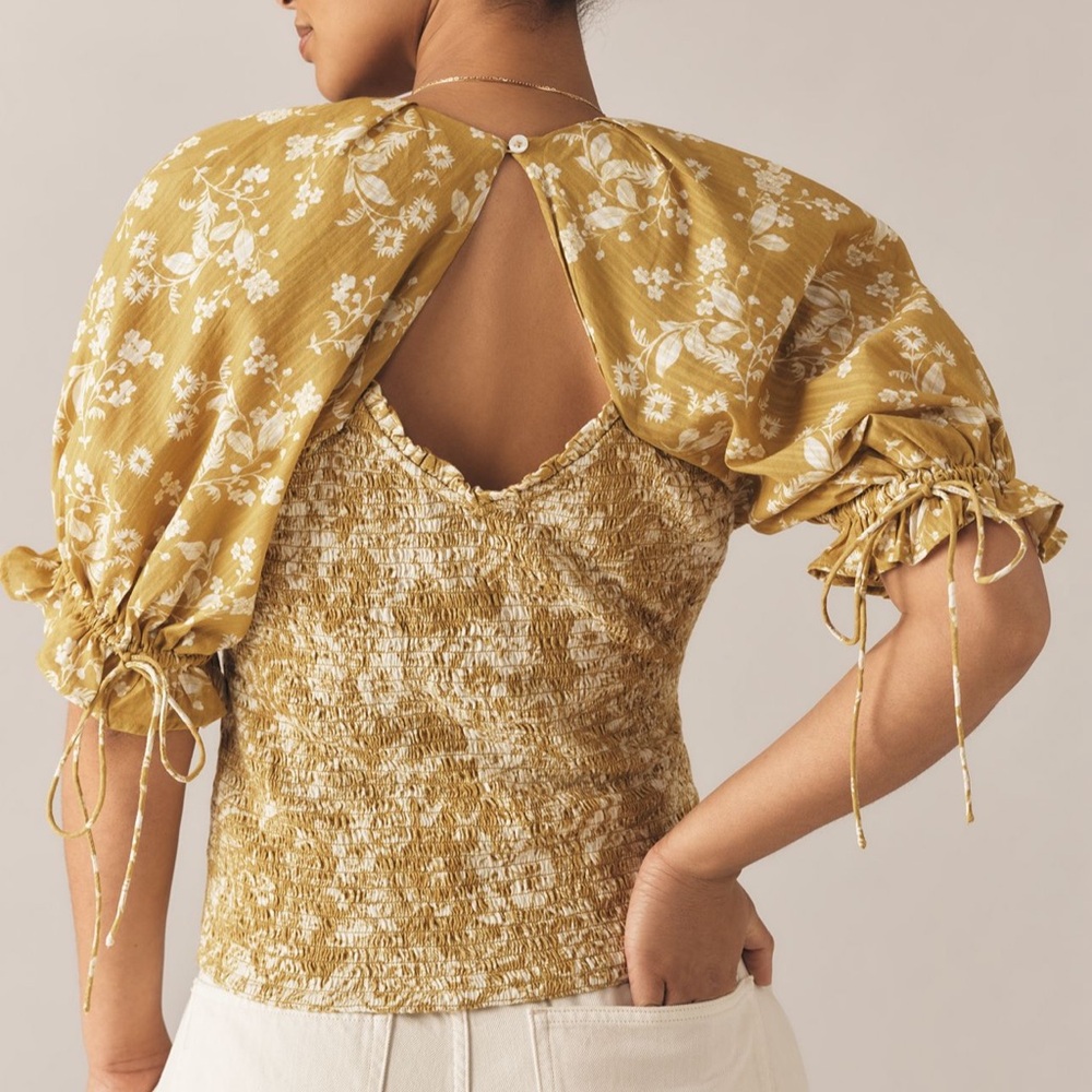 Anthropologie Gold Floral Puff Sleeve Blouse